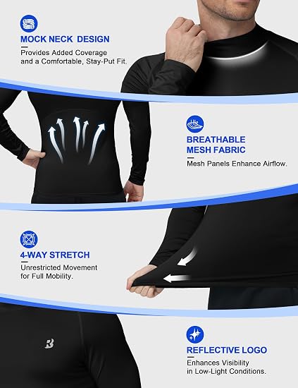 Roadbox Men's Long Sleeve Compression Shirt, Mock Turtleneck Athletic Base Layer Tops, Workout Undershirt for Gym Sports
