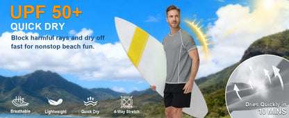 Roadbox Men's Short Sleeve Swim Shirt, UPF 50+ Quick Dry Rash Guard, UV Sun Protection Water T-Shirt for Beach and Surfing