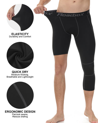 Roadbox 2 Pack Men's 3/4 One Leg Compression Pants - Basketball Athletic Running Tights Leggings Spandex Base Layer Underwear