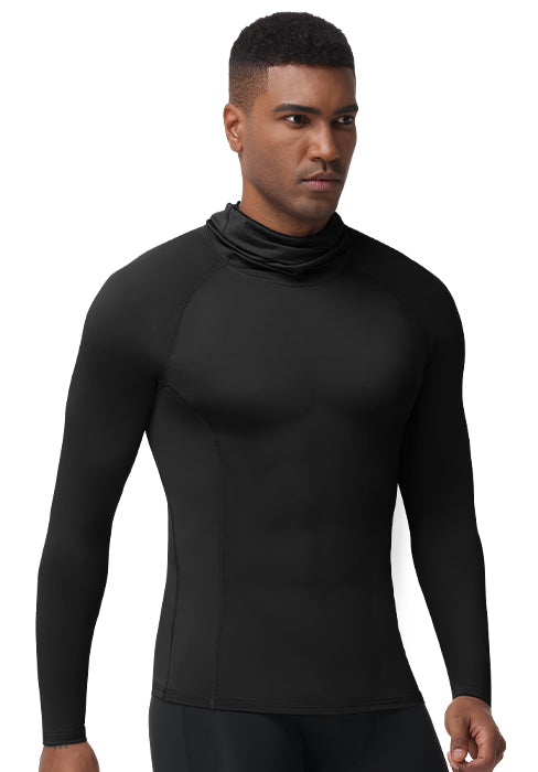 Roadbox Men's Compression Shirt Hoodie with Mask, Long Sleeve Workout Athletic Base Layer, Sports Gym Running Undershirt Top