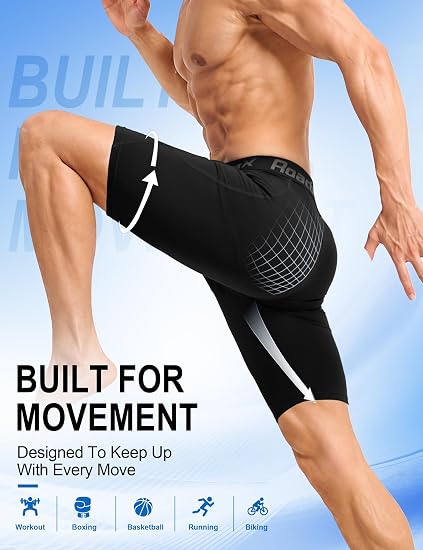 Roadbox Men's Compression Shorts, Performance Running Spandex Shorts, Workout Athletic Underwear Base Layer for Sports Gym