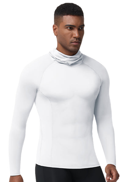 Roadbox Men's Compression Shirt Hoodie with Mask, Long Sleeve Workout Athletic Base Layer, Sports Gym Running Undershirt Top