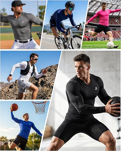 Roadbox Men's V-Neck Compression Shirts, Long Sleeve Athletic Undershirts