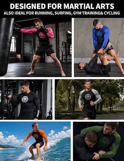 Roadbox Men's BJJ Rash Guard Long Sleeve, UPF 50+ Jiu Jitsu Compression Base Layer Shirts for MMA No Gi Surfing Swim