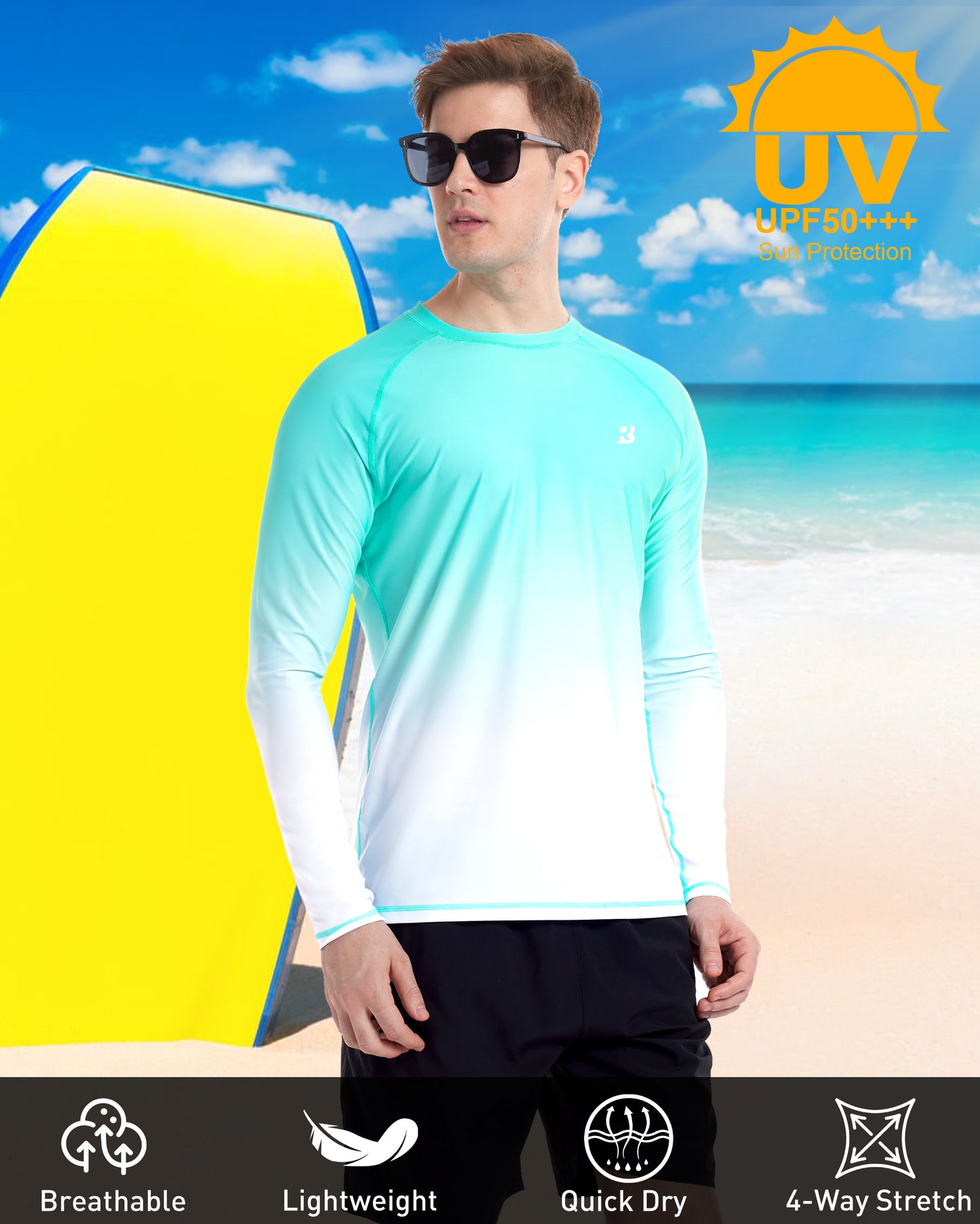 Roadbox Men's UPF 50+ Swim Shirts, Long Sleeve UV Sun Protection Rash Guard, Quick Dry SPF T-Shirt for Beach Surfing Fishing