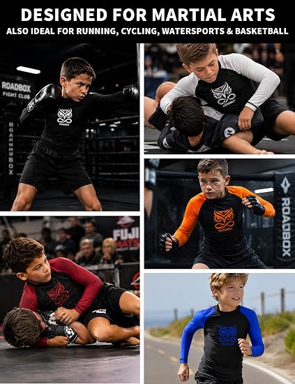 Roadbox Boys BJJ Rash Guard Long Sleeve, Jiu Jitsu No Gi Compression Shirt