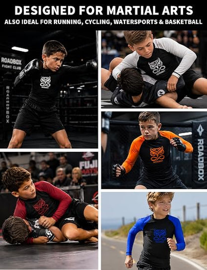 Roadbox Boys BJJ Rash Guard Long Sleeve, Jiu Jitsu No Gi Compression Shirt