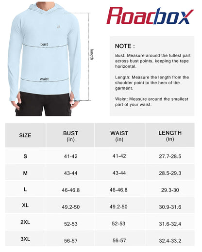 Roadbox UPF 50+ Fishing Shirts for Men, Long Sleeve UV Protection Sun Hoodie, Swim Rash Guard for Hiking Running Workout