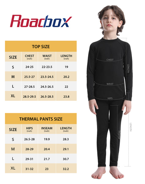 Roadbox Youth Thermal Underwear Sets - Fleece Lined Base Layer Top & Bottoms Soft Underwears for Cycling Black