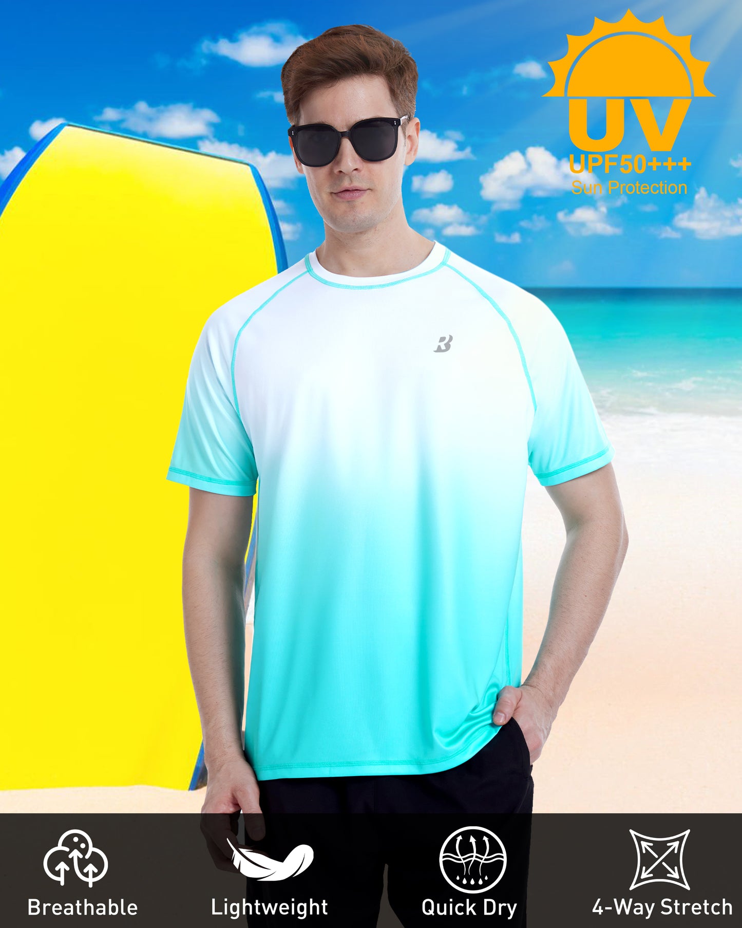 Roadbox Men's Swim Shirts Short Sleeve, UPF 50+ UV Sun Protection SPF Rash Guard, Quick Dry Surf Water Beach Fishing T Shirt