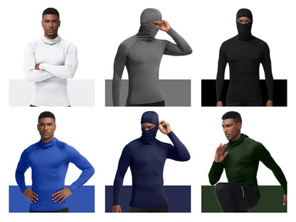 Roadbox Men's Compression Shirt Hoodie with Mask, Long Sleeve Workout Athletic Base Layer, Sports Gym Running Undershirt Top