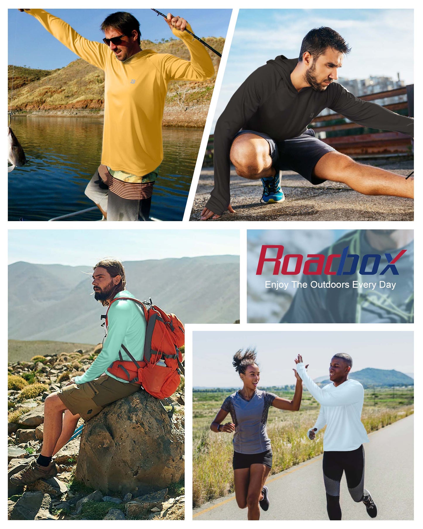 Roadbox UPF 50+ Fishing Shirts for Men, Long Sleeve UV Protection Sun Hoodie, Swim Rash Guard for Hiking Running Workout