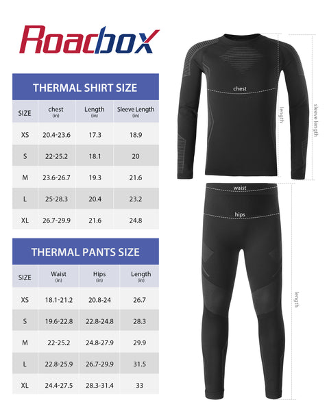 Roadbox Youth Thermal Underwear Sets - Fleece Lined Base Layer Top & Bottoms Soft Underwears for Cycling Black
