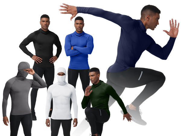 Roadbox Men's Compression Shirt Hoodie with Mask, Long Sleeve Workout Athletic Base Layer, Sports Gym Running Undershirt Top