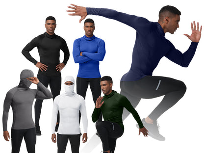 Roadbox Men's Compression Shirt Hoodie with Mask, Long Sleeve Workout Athletic Base Layer, Sports Gym Running Undershirt Top