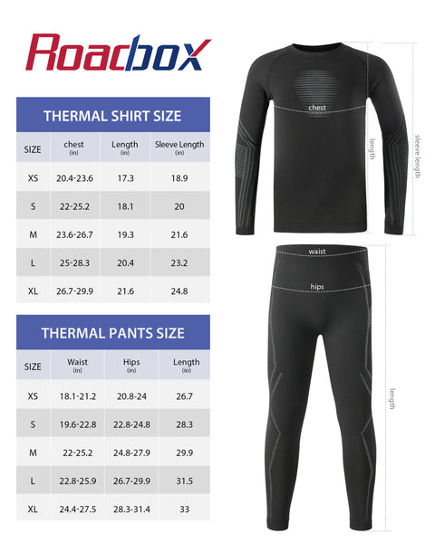 Roadbox Youth Thermal Underwear Sets - Fleece Lined Base Layer Top & Bottoms Soft Underwears for Cycling Black