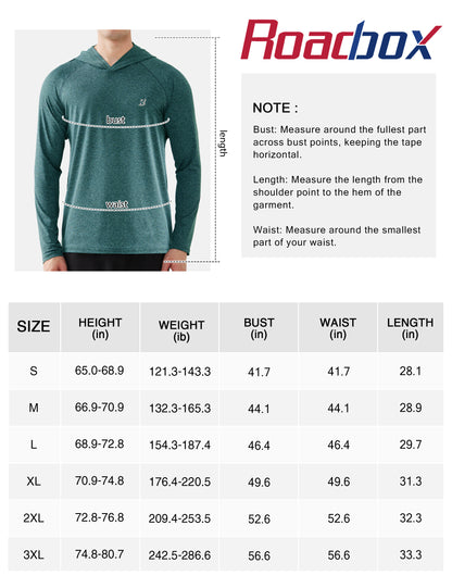 Roadbox Men's UPF 50+ Fishing Shirts, Long Sleeve UV Sun Protection SPF Hoodie, Quick Dry Swim Rash Guard for Outdoor Hiking