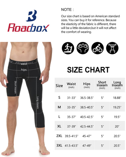 Roadbox 2 Pack Men's 3/4 One Leg Compression Pants - Basketball Athletic Running Tights Leggings Spandex Base Layer Underwear