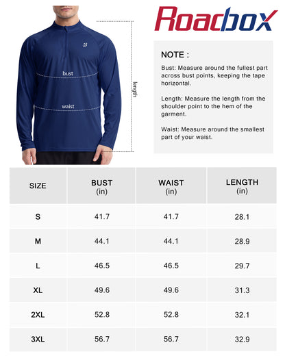 Roadbox Men's 1/4 Zip Pullover Long Sleeve, UPF 50+ UV Sun Protection Shirts, Swim Rash Guard Tops for Running Fishing