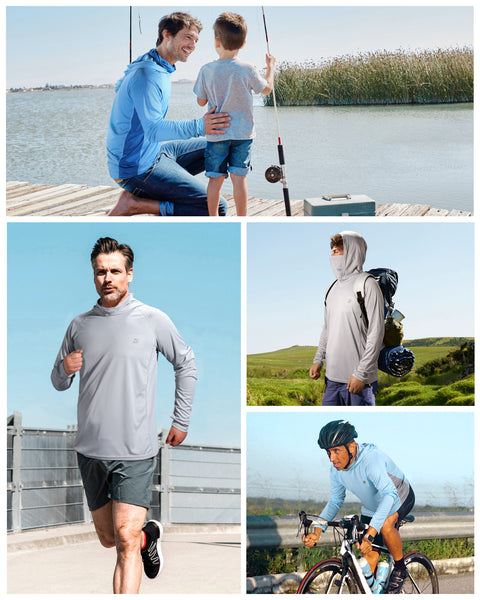 Roadbox Men's Long Sleeve Hoodie - UPF 50+ UV Protection Peformance Thumbholes Hooded Shirts with Face Mask for Fishing Hiking Workout