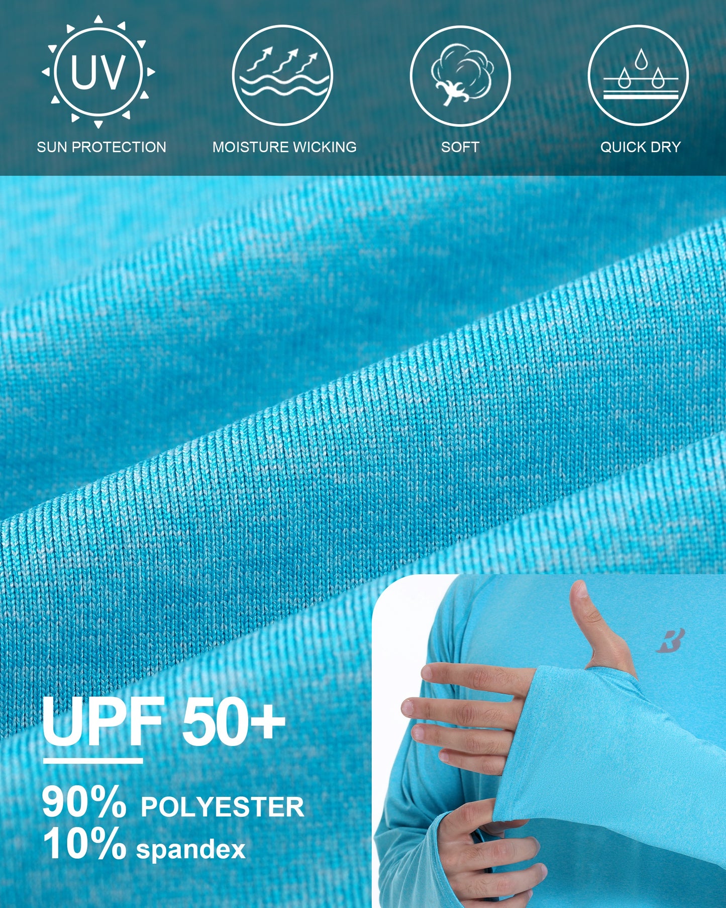 Roadbox UPF 50+ Mens Swim Shirts, Long Sleeve Sun Protection Fishing Rash Guard, Quick Dry UV Hiking Shirt with Thumbhole