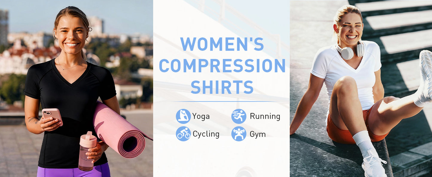 Roadbox Women's Compression Shirt Short Sleeve V Neck Workout Tops Quick Dry Athletic Gym Base Layer for Yoga Running Sports