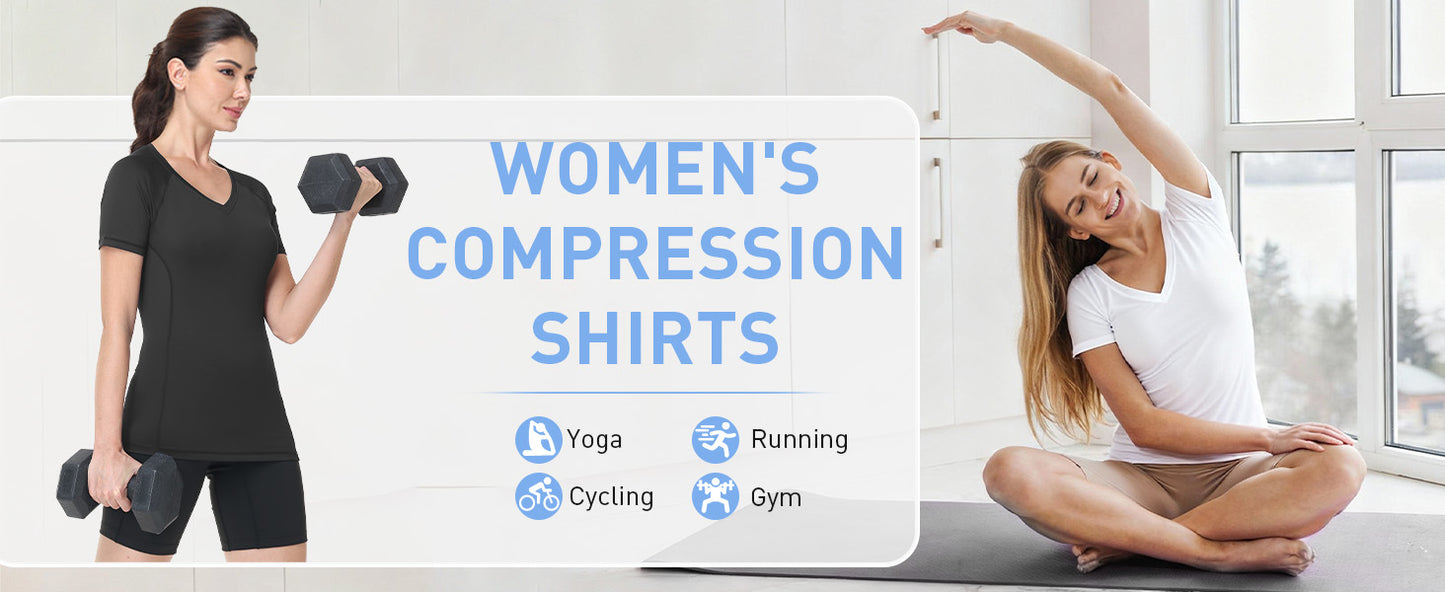 Roadbox Women's Compression Shirt Short Sleeve V Neck Workout Tops Quick Dry Athletic Gym Base Layer for Yoga Running Sports