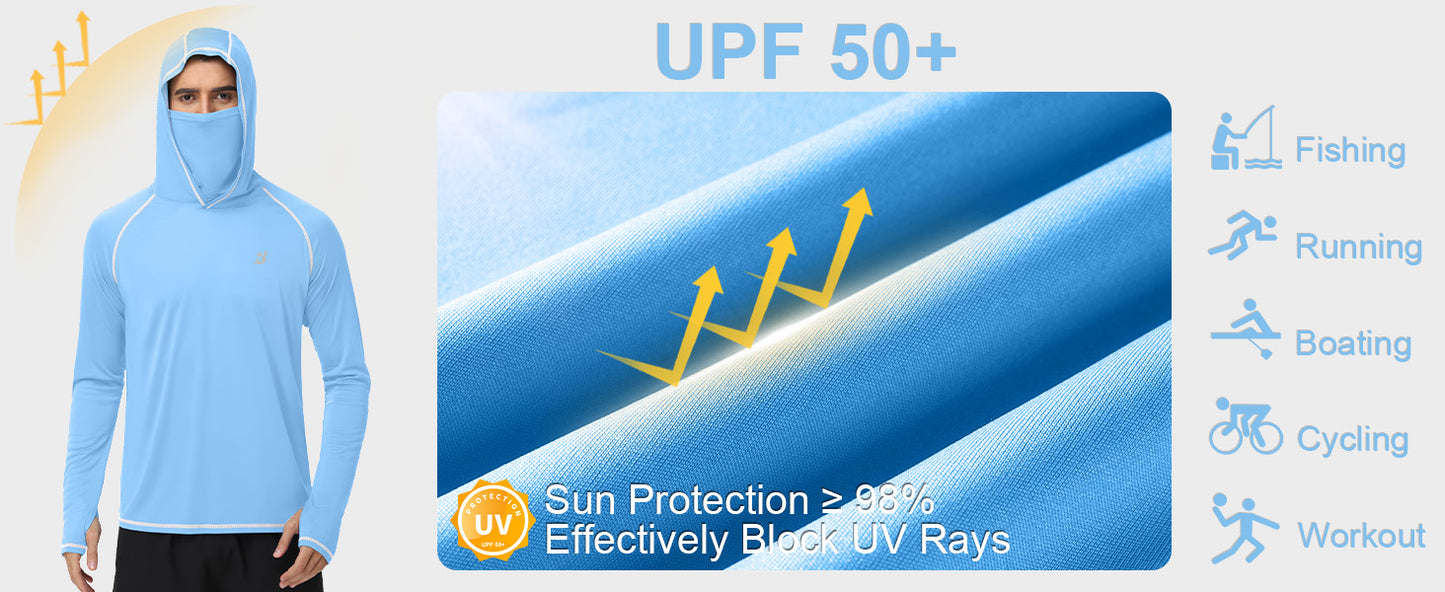 Roadbox Men's Sun Hoodie with Mask, UPF 50+ Long Sleeve Fishing Shirts, UV Outdoor Swim Hiking Running Workout Rash Guard
