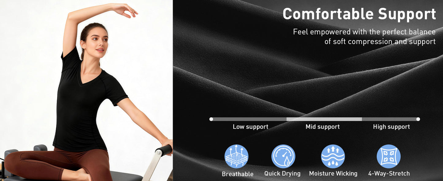 Roadbox Women's Compression Shirt Short Sleeve V Neck Workout Tops Quick Dry Athletic Gym Base Layer for Yoga Running Sports