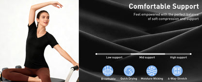 Roadbox Women's Compression Shirt Short Sleeve V Neck Workout Tops Quick Dry Athletic Gym Base Layer for Yoga Running Sports