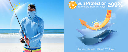 Roadbox Men's Sun Hoodie with Mask, UPF 50+ Long Sleeve Fishing Shirts, UV Outdoor Swim Hiking Running Workout Rash Guard
