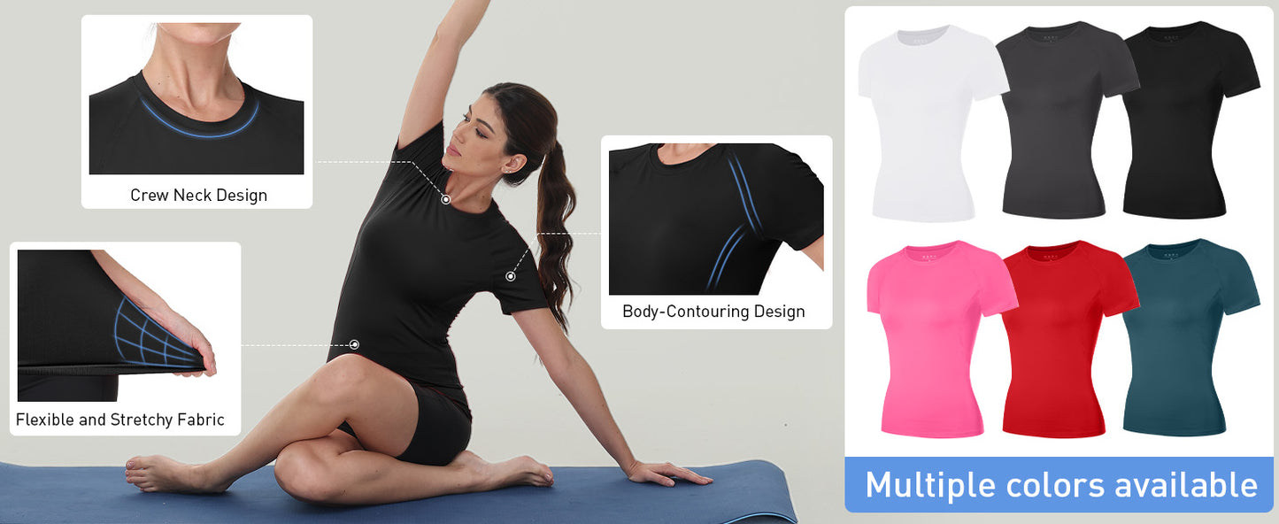 Roadbox Women's Compression Shirts, 1/3 Pack Short Sleeve Workout Tops Athletic Gym T-Shirt Yoga Running Quick Dry Base Layer