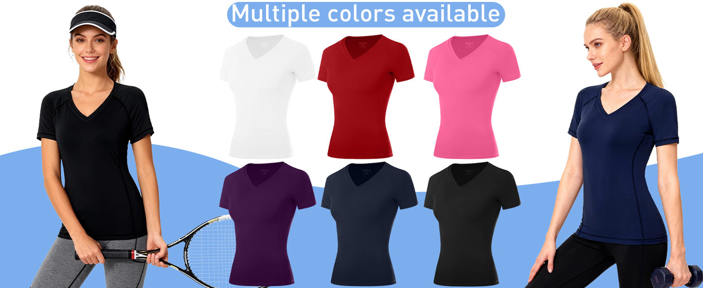 Roadbox Women's Compression Shirt Short Sleeve V Neck Workout Tops Quick Dry Athletic Gym Base Layer for Yoga Running Sports