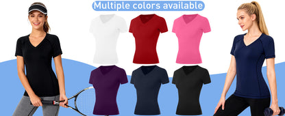Roadbox Women's Compression Shirt Short Sleeve V Neck Workout Tops Quick Dry Athletic Gym Base Layer for Yoga Running Sports