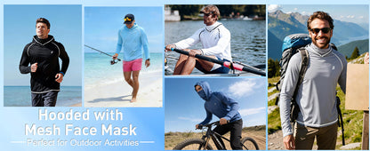Roadbox Men's Sun Hoodie with Mask, UPF 50+ Long Sleeve Fishing Shirts, UV Outdoor Swim Hiking Running Workout Rash Guard