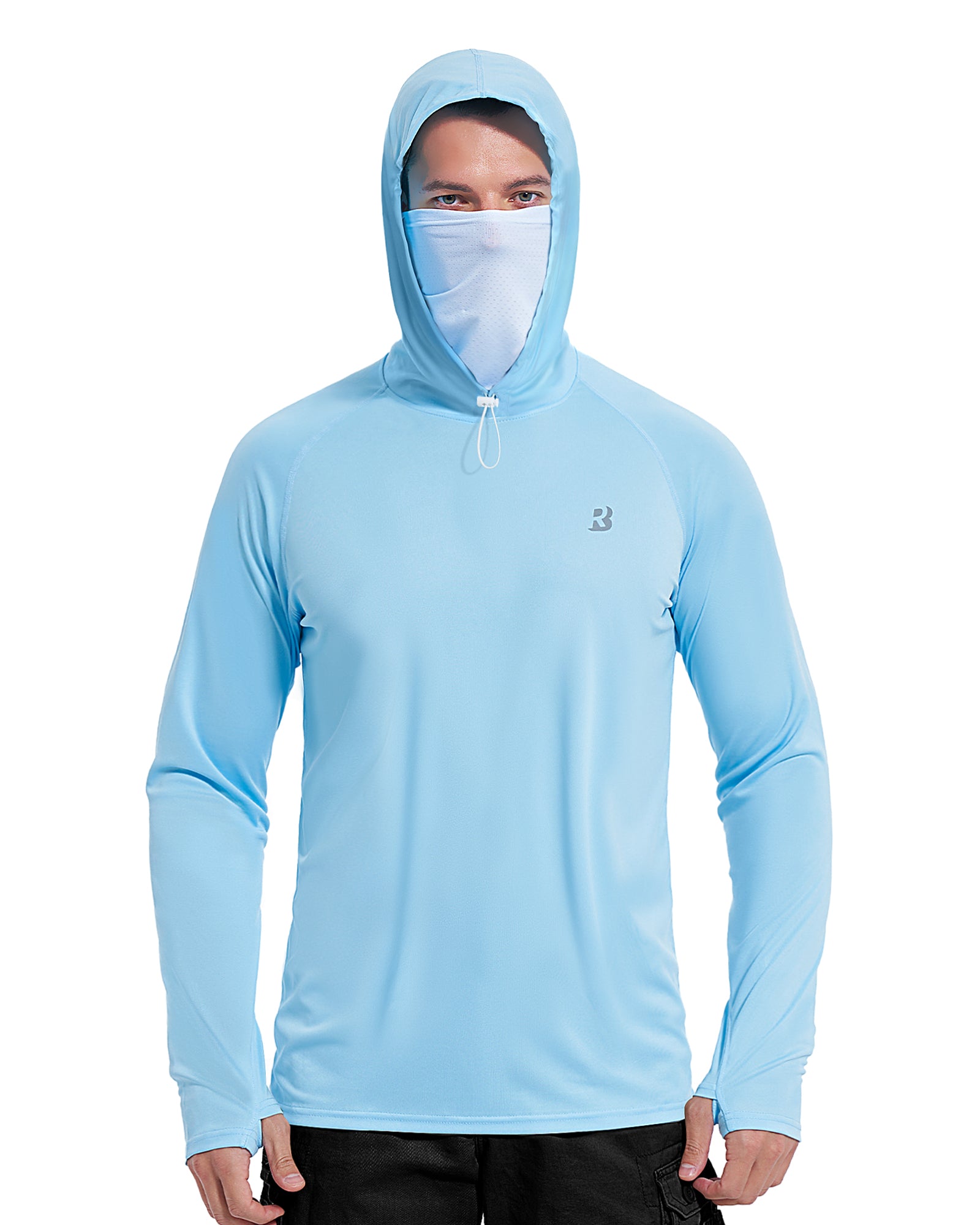 Roadbox Mens Waterproof UPF 50+ Fishing Hoodie Shirt with Mesh Face Mask - Long Sleeve UV Sun Protection Thumbholes Diving Rash Guard for Outdoor Hiking Fishing