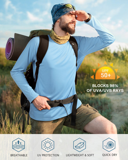 Roadbox Mens UPF 50+ UV Sun Protection Shirts Outdoor Long Sleeve SPF Rash Guard for Fishing Hiking Swimming Running