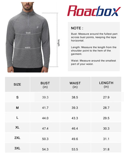 Roadbox UPF 50+ Running Shirts for Men - Long Sleeve Quick Dry 1/4 Zip Pullover for Fishing Outdoor Hiking Athletic Workout