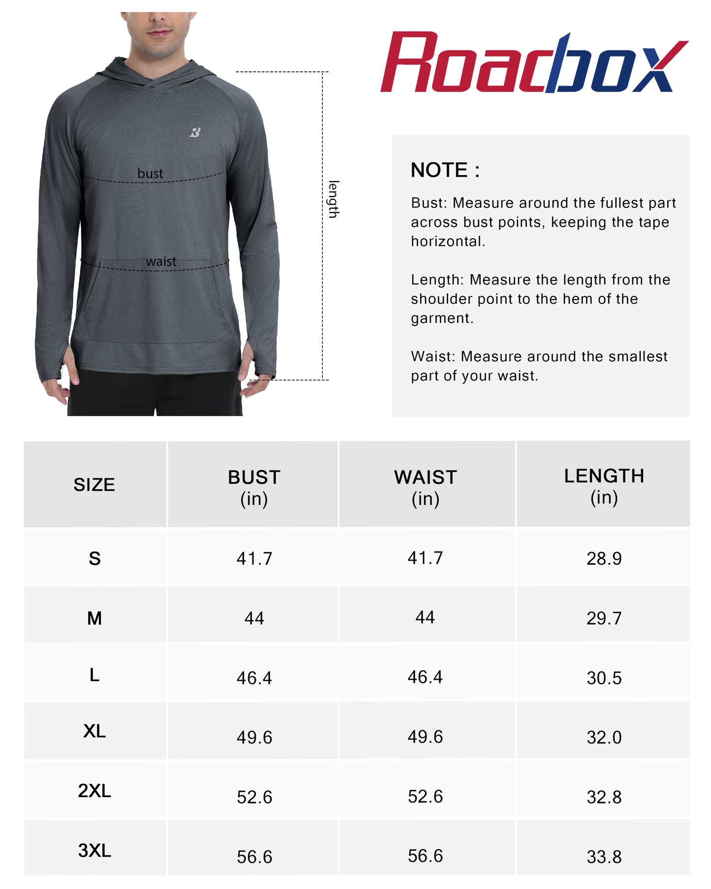 Roadbox UPF 50+ Mens Long Sleeve Fishing Shirts, Sun Protection Athletic Hoodies with Pocket, Outdoor Running Rash Guard
