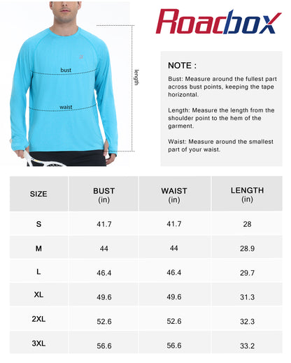 Roadbox UPF 50+ Mens Swim Shirts, Long Sleeve Sun Protection Fishing Rash Guard, Quick Dry UV Hiking Shirt with Thumbhole