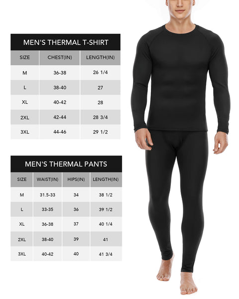 Roadbox Thermal Underwear for Men Fleece Lined Long Johns Winter Warm Base Layer Tops and Bottoms Set for Skiing Cold Weather Black