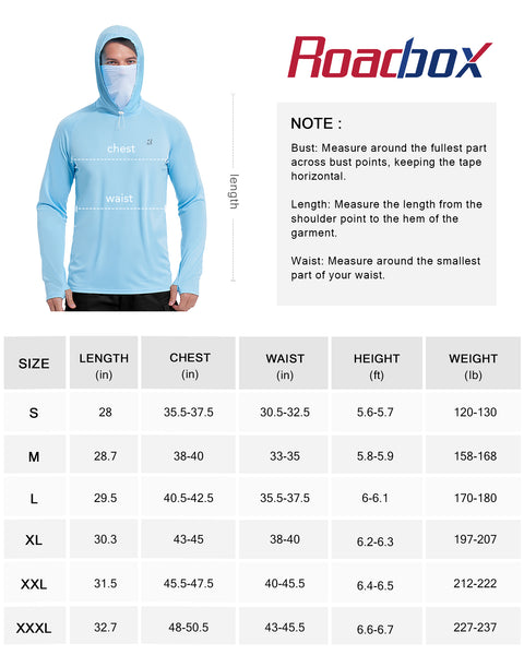 Roadbox Mens Waterproof UPF 50+ Fishing Hoodie Shirt with Mesh Face Mask - Long Sleeve UV Sun Protection Thumbholes Diving Rash Guard for Outdoor Hiking Fishing