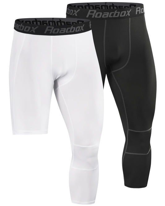Roadbox 2 Pack Men's 3/4 One Leg Compression Pants - Basketball Athletic Running Tights Leggings Spandex Base Layer Underwear