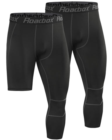 Roadbox 2 Pack Men's 3/4 One Leg Compression Pants - Basketball Athletic Running Tights Leggings Spandex Base Layer Underwear