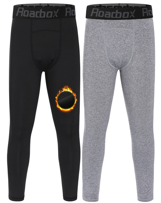 Roadbox Boys Thermal Compression Leggings 2 Pack - Youth Fleece Lined Base Layer Tights for Basketball Football Running