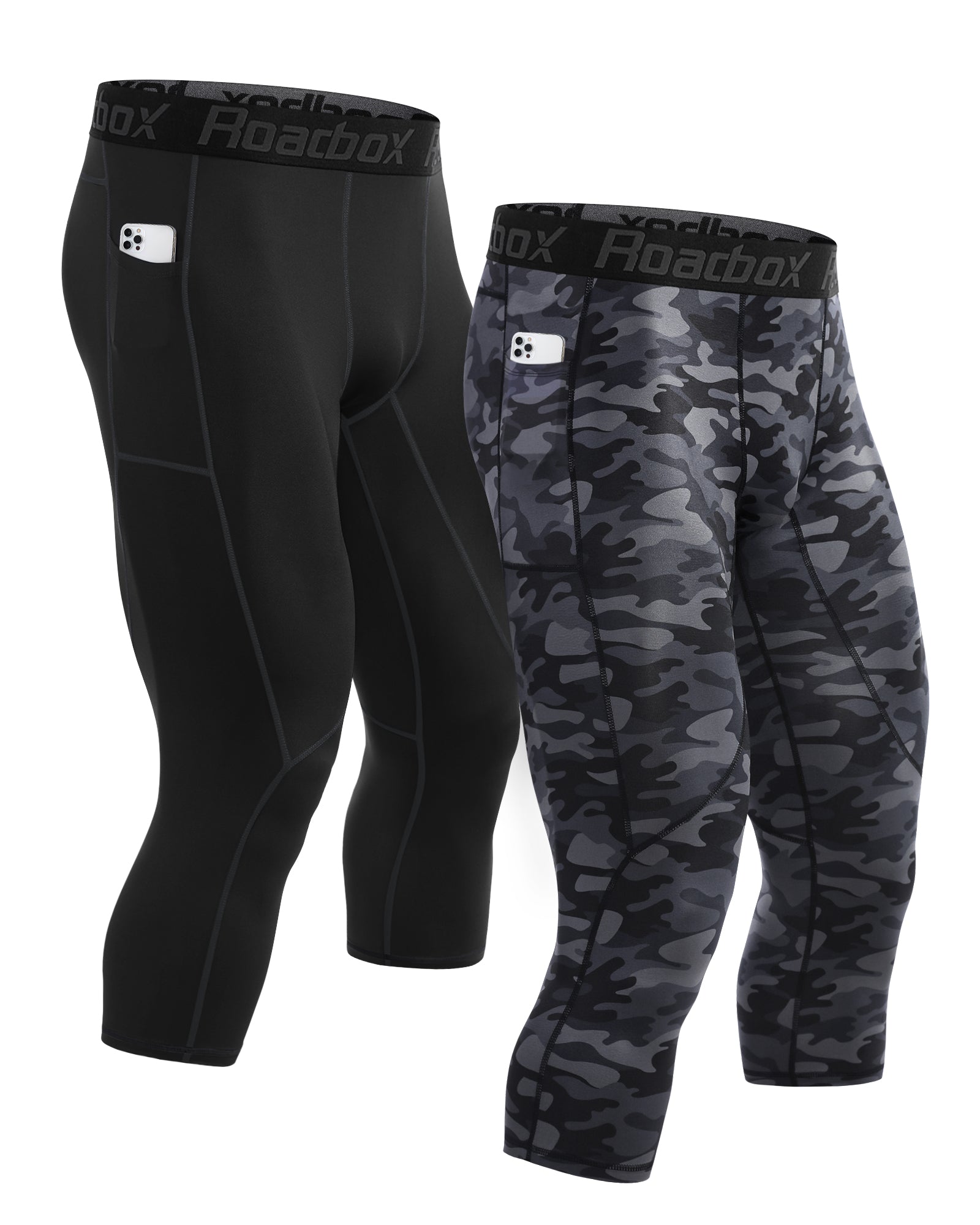 Roadbox 3/4 Compression Pants Mens with Pockets Running Base Layer Legging Tights Athletic