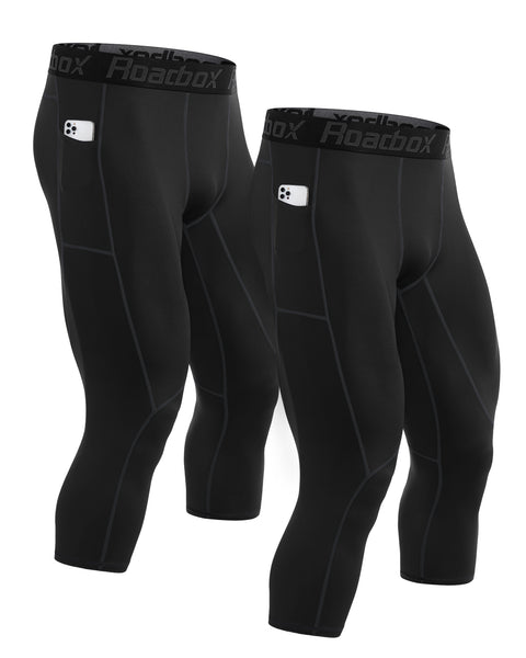 Roadbox 3/4 Compression Pants Mens with Pockets Running Base Layer Legging Tights Athletic