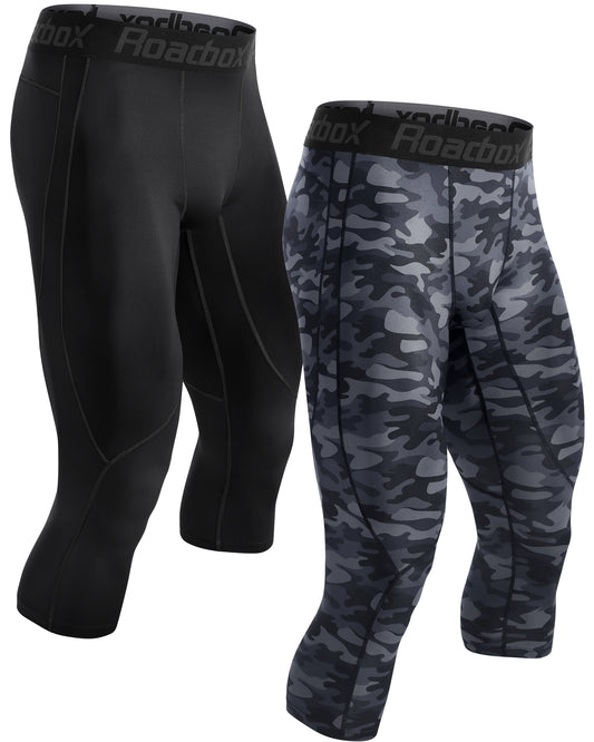 Roadbox Mens 3/4 Baselayer 2pack Dry Cool Compression Pants Running Base Layer Legging Tights