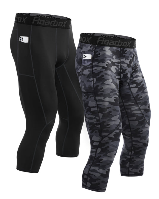 Roadbox 3/4 Compression Pants Mens with Pockets Running Base Layer Legging Tights Athletic