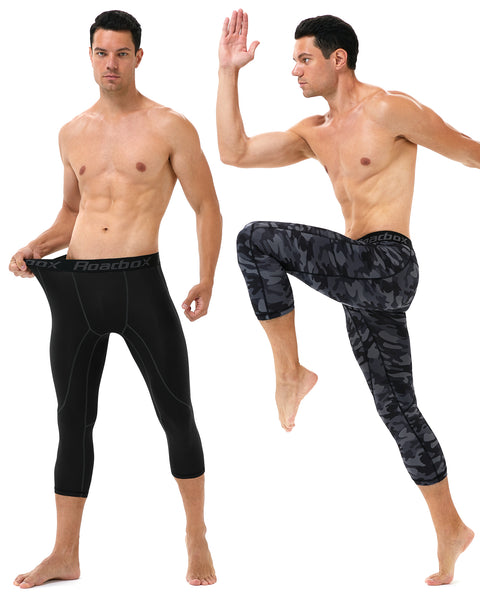 Roadbox 3/4 Compression Pants Mens with Pockets Running Base Layer Legging Tights Athletic